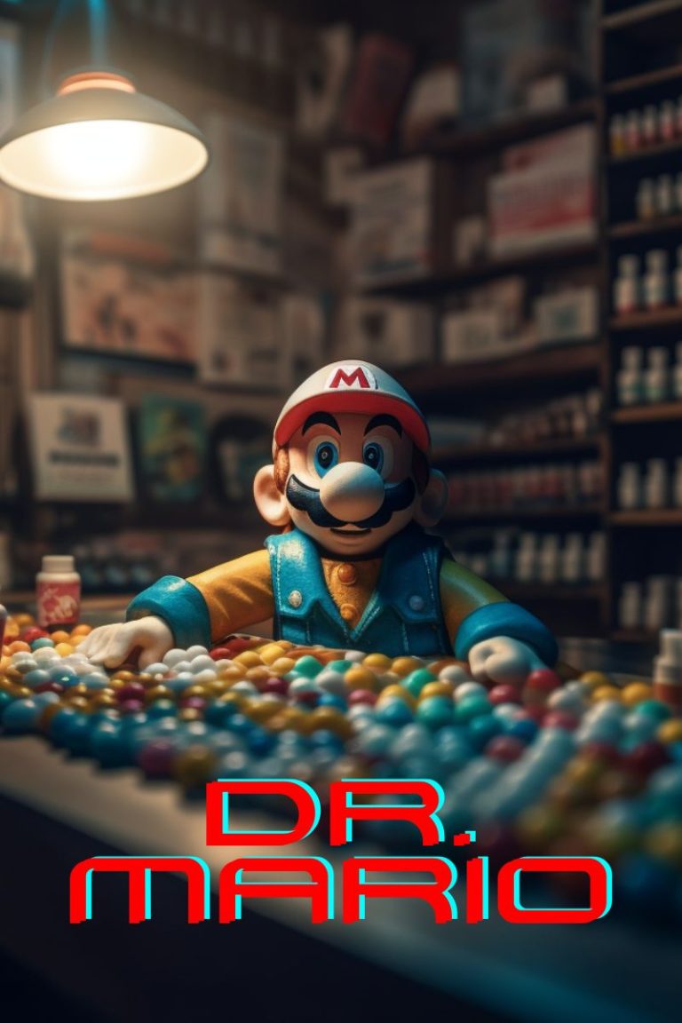 Dr. Mario with a table of pills